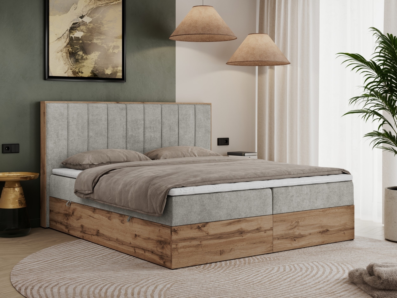 Boxspringbett, Schlafzimmerbett, Bettkasten - BELLISSIMO - 200 x 200 cm - Hellgrau Stoff - H3 Bild 1