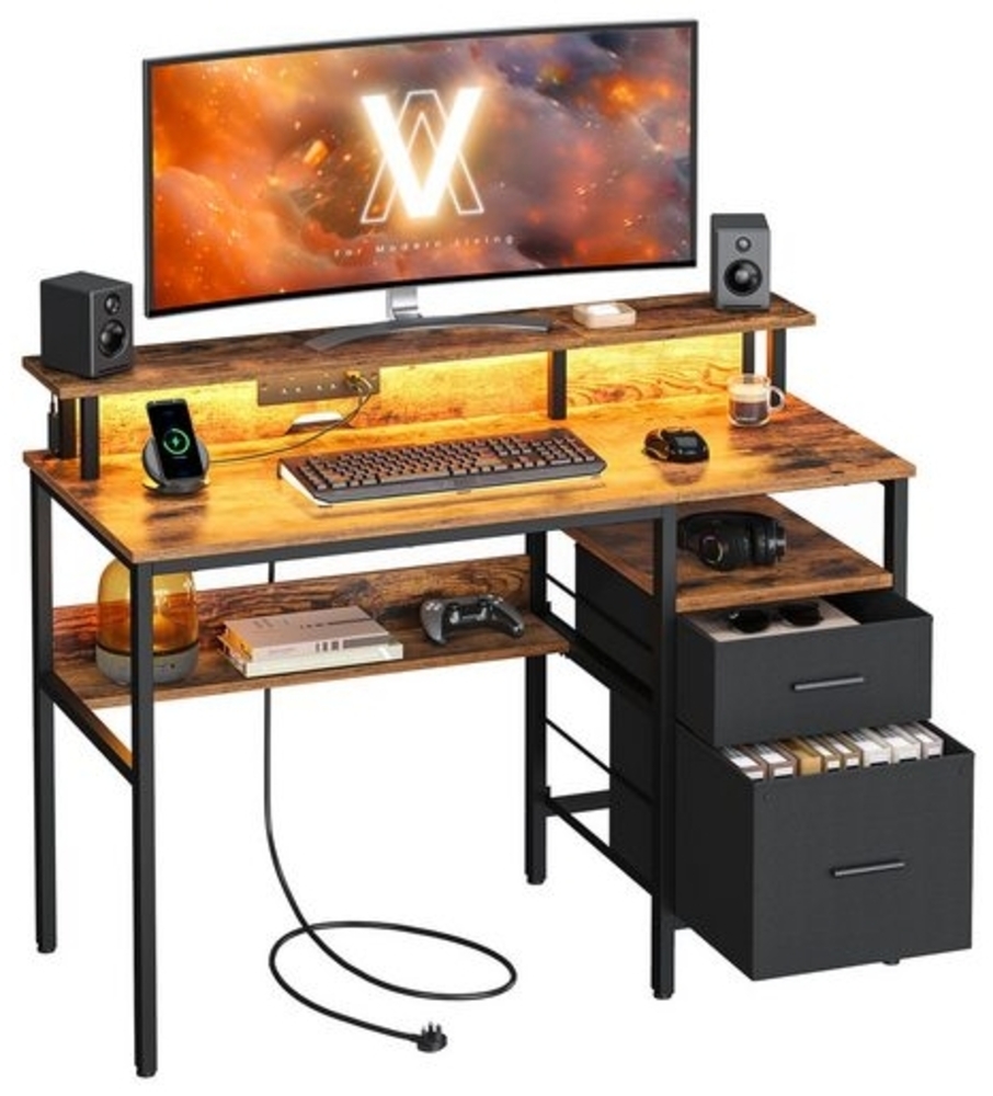 Vasagle Schreibtisch mit Schubladen, Computertisch mit Monitorständer, LED-Beleuchtung, 55 x 120 x 90 cm, eingebaute Steckdosen, 2 USB-Anschlüsse, für Homeoffice, vintagebraun LWDDE093K01 Bild 1
