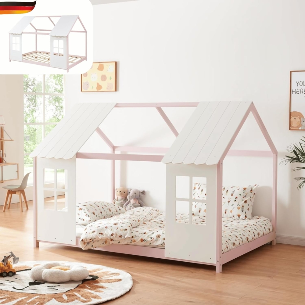 DELUKE® Kinderbett 140x200 GELO - mit Lattenrost Rausfallschutz Haus-OptikEinzelbett aus Holz Hausbett Kinderzimmer Montessori Bett Rosa Bild 1