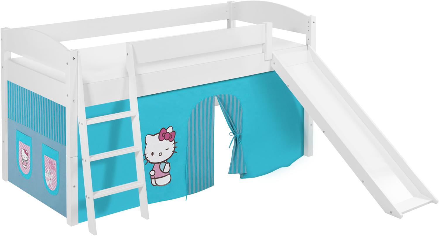 Lilokids 'Ida 4105' Spielbett 90 x 200 cm, Hello Kitty Türkis, Kiefer massiv, mit Rutsche und Vorhang Bild 1