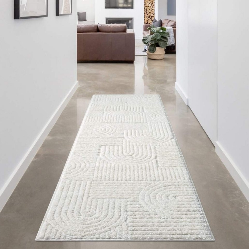 carpet city Teppich Läufer Hochflor Flur - 80x300 cm - Einfarbig Weiß/Creme - Hochtief-Muster/ 3D-Effekt Geometrisch - Shaggy Teppiche Wohnzimmer, Schlafzimmer Boho, Scandi Bild 1