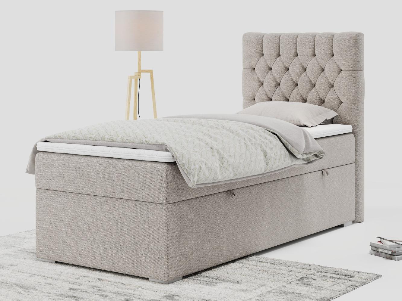 Boxspringbett PERA, Polsterbett mit Kopfstütze, gepolsterte Kopfstütze, Einzelbett, 90x200 - Beige Stoff - rechts - H3 Bild 1