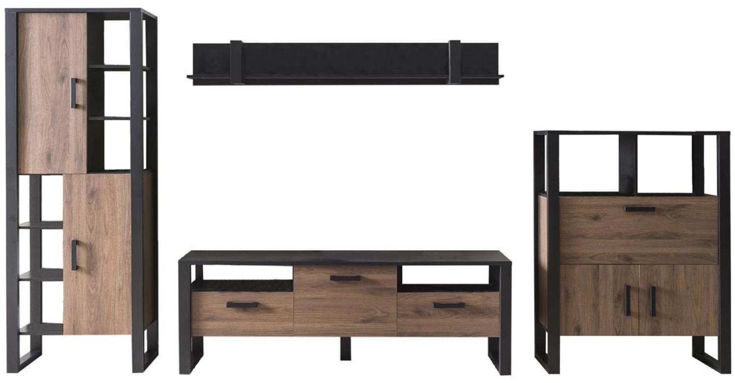 Wohnwand >Nordi< in Okapi-Nuss, Schwarz - 385,4x200,1x43,1cm (BxHxT) Bild 1