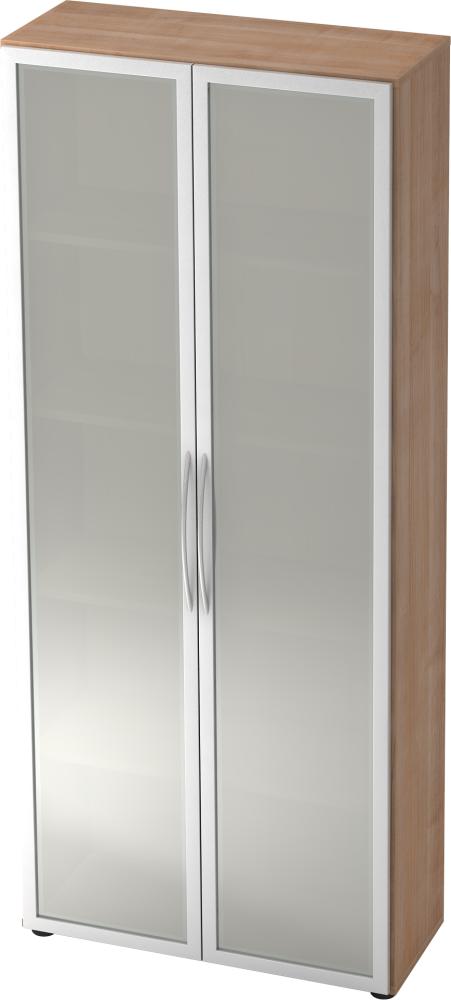 bümö Mehrzweckschrank 80cm breit, Aktenschrank o. Schuhschrank hoch, Milchglastüren Schrank, Küchenschrank in Nussbaum/Silber aus Holz, Vorratsschrank & Haushaltsschrank mit Metallgriffen, 4200-N-S Bild 1