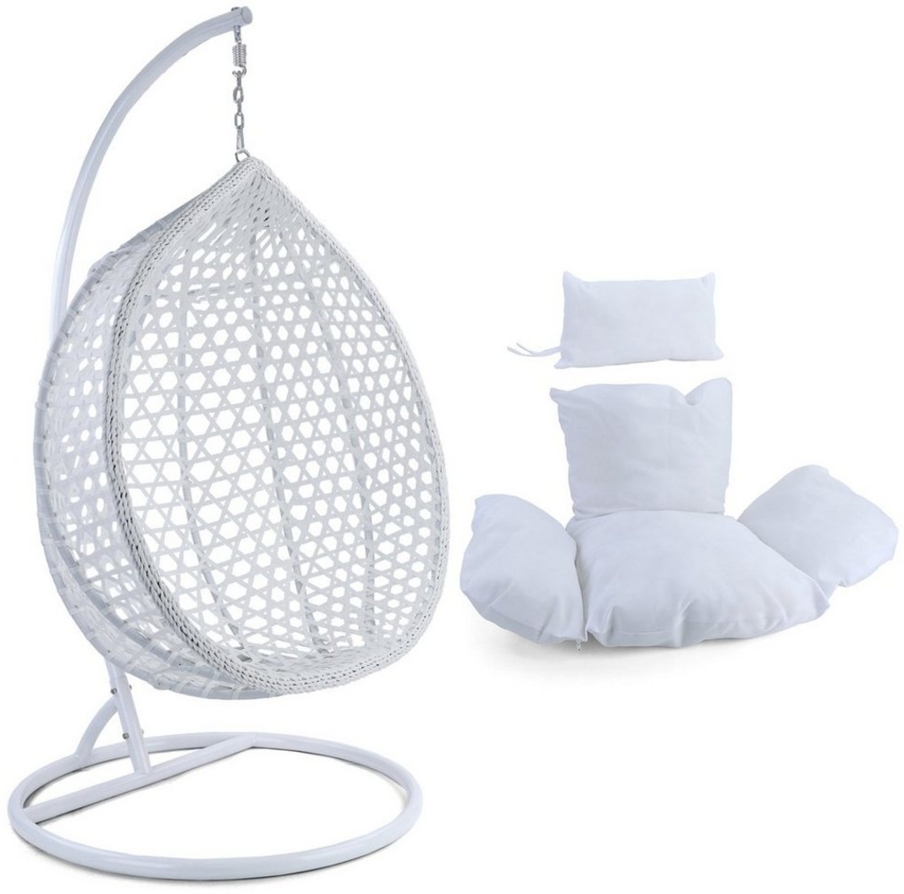 Luxus Hängesessel Style XXL Polyrattan mit Korb und Gestell weiß Kissen weiß Bild 1