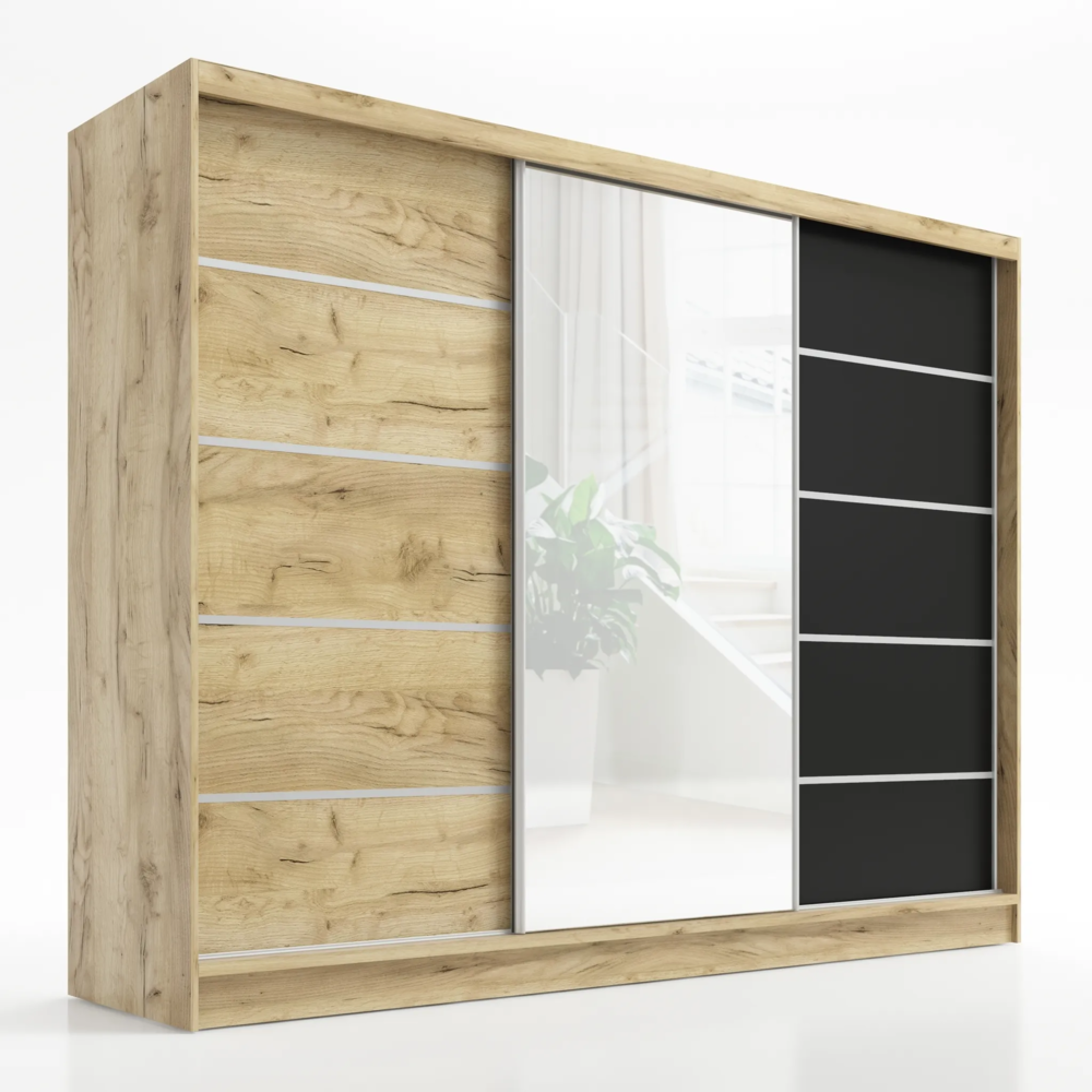 Schwebetürenschrank, 3-türig Schrank 200 cm mit Spiegel AURELIA 1. Farbe: Eiche Kraft gold, schwarz Bild 1