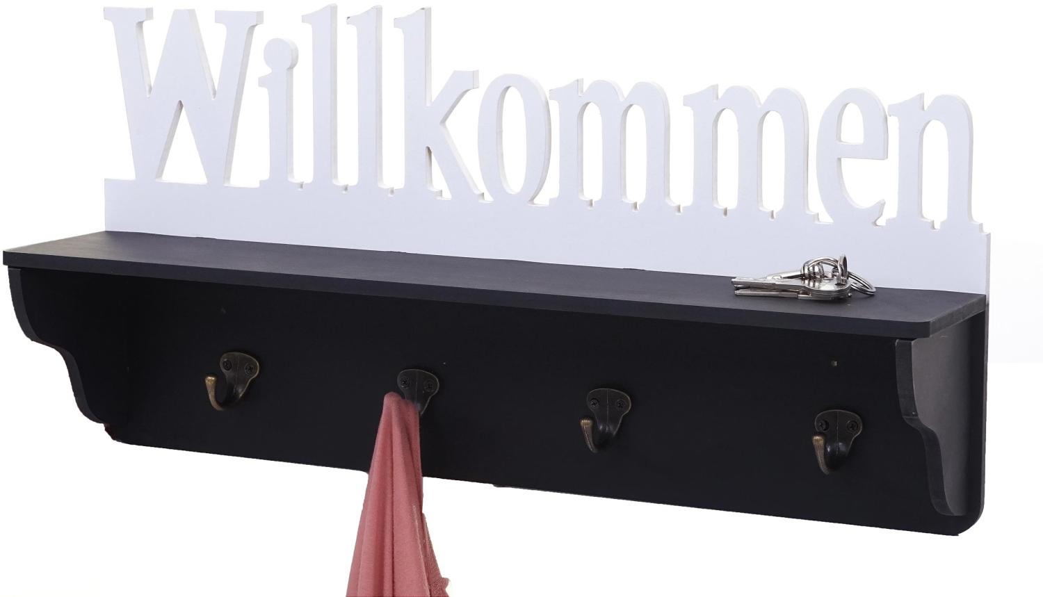 Wandgarderobe HWC-D41 Willkommen, Garderobe Regal, 4 Haken massiv 30x60x13cm ~ schwarz/weiß Bild 1