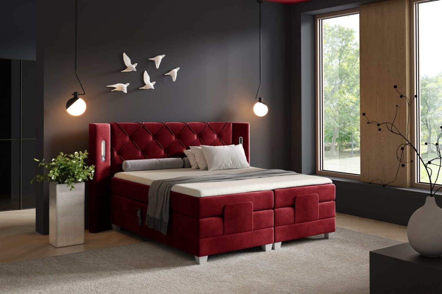 Boxspringbett Elektrisch Bett STEVE 160x200cm in Stoff Fresh Rot Bild 1
