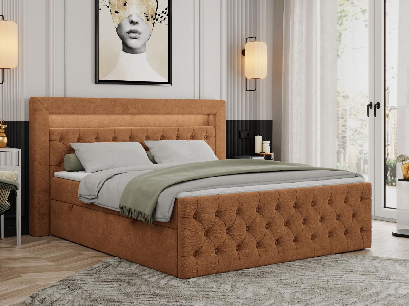 Boxspringbett, Stauraumbett mit Bettkasten, LED - GOLD-9 - 120x200cm - Orange Stoff - H4 Bild 1