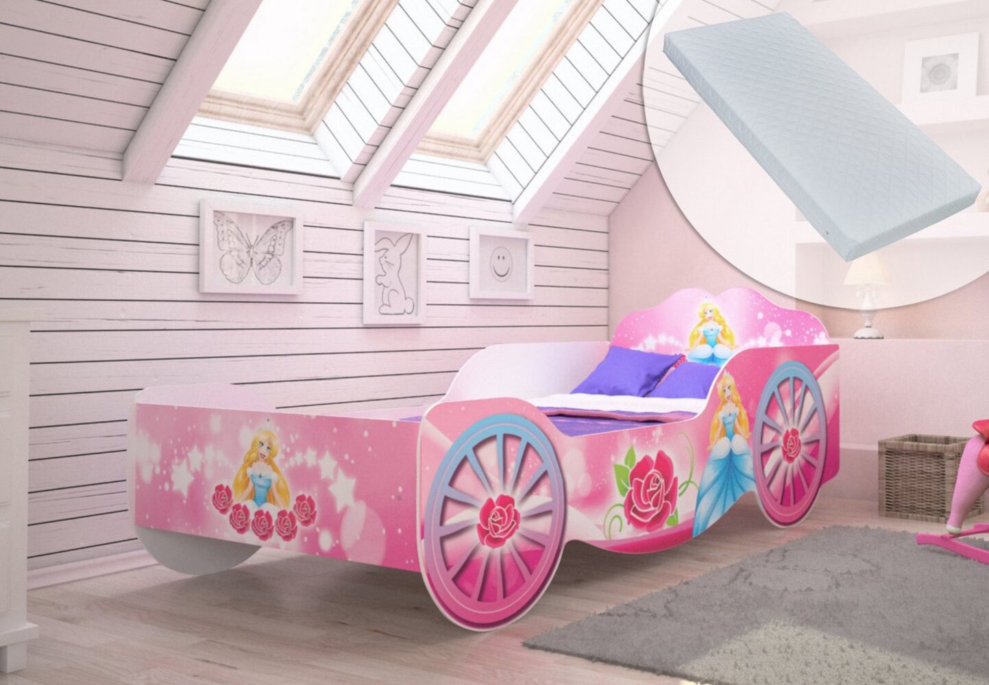 Kids Collective Kinderbett Kutsche Mädchenbett 70x140, 80x160 mit Rausfallschutz, und Matratze, Prinzessin Kinder Spielbett 160x80 Bild 1