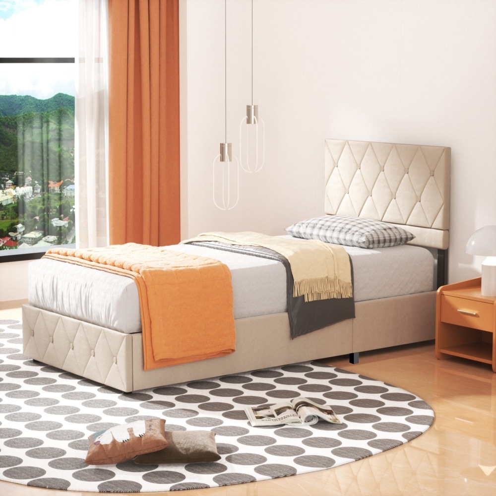 Polsterbett Stauraumbett Funktionsbett 90x200 cm Ausgezeichnete Atmungsaktivität, Strapazierfähig und schmutzabweisend,Beige Bild 1