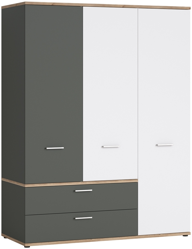 Kleiderschrank 3-türig in Eiche Nb. mit weiß und grau TOMAR-129, B/H/T ca. 150/196/60 cm Bild 1