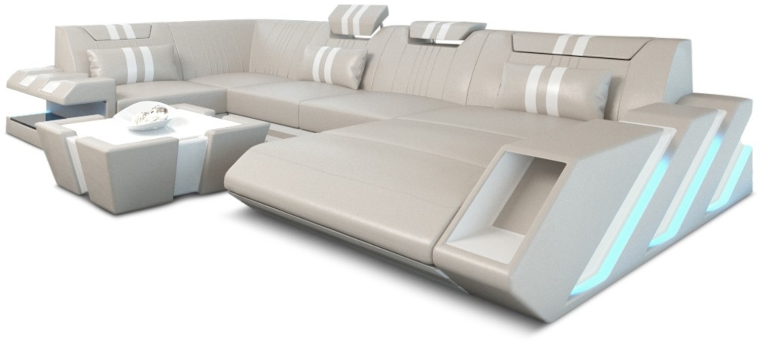 Sofa Dreams 'Apollonia' Ledersofa U Form, 77 x 196 x 356 cm, Beige / Weiß, Echtleder, Rechts Bild 1