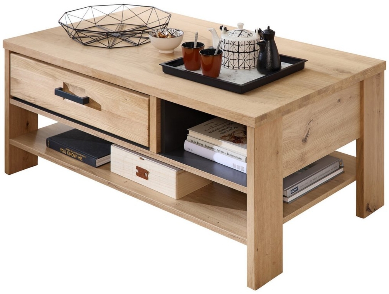 Massivart® Couchtisch CATANIA 110 cm Breite / Massivholz Wildeiche geölt, 2 Schubladen / 2 offene Fächer / 1 Ablagefläche / Soft-Close Bild 1