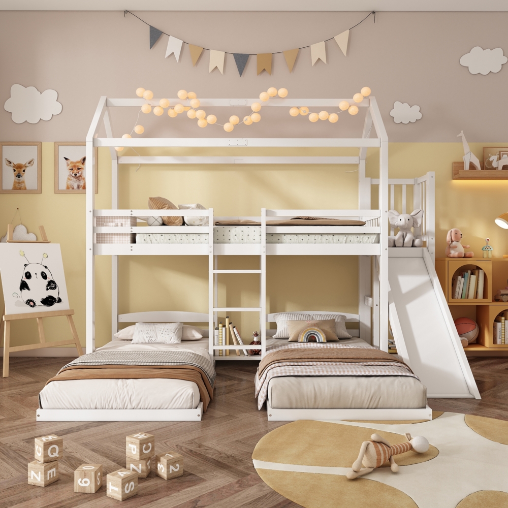 Merax Etagenbett mit 3 Schlafplätzen und Rutsche, Kiefer Natur, 90 x 200 cm Bild 1