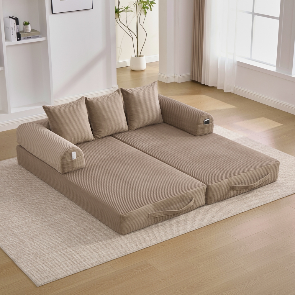 LVHOM Schlafsofa 3 Sitzer, Klappsofa mit Schlaffunktion, Bodensofa, Polstersofa aus CordStoff, Schlafcouch dauerschläfer, frei Kombination, 200x94x67 cm, Khaki Bild 1