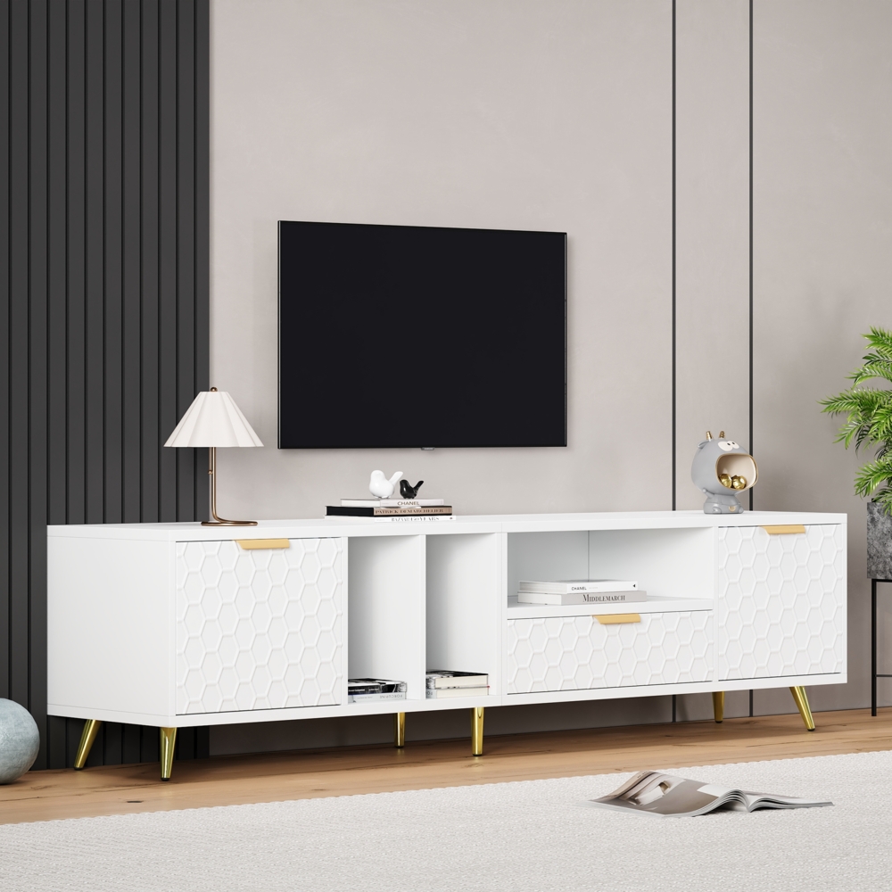 Merax Moderner luxuriöser vertikaler TV-Ständer mit mattem Wabenmuster mit mehreren Aufbewahrungsfunktionen für Fernseher bis zu 80 Zoll. TV-Ständer für Wohnzimmer 180*40*41 cm (weiß) Bild 1