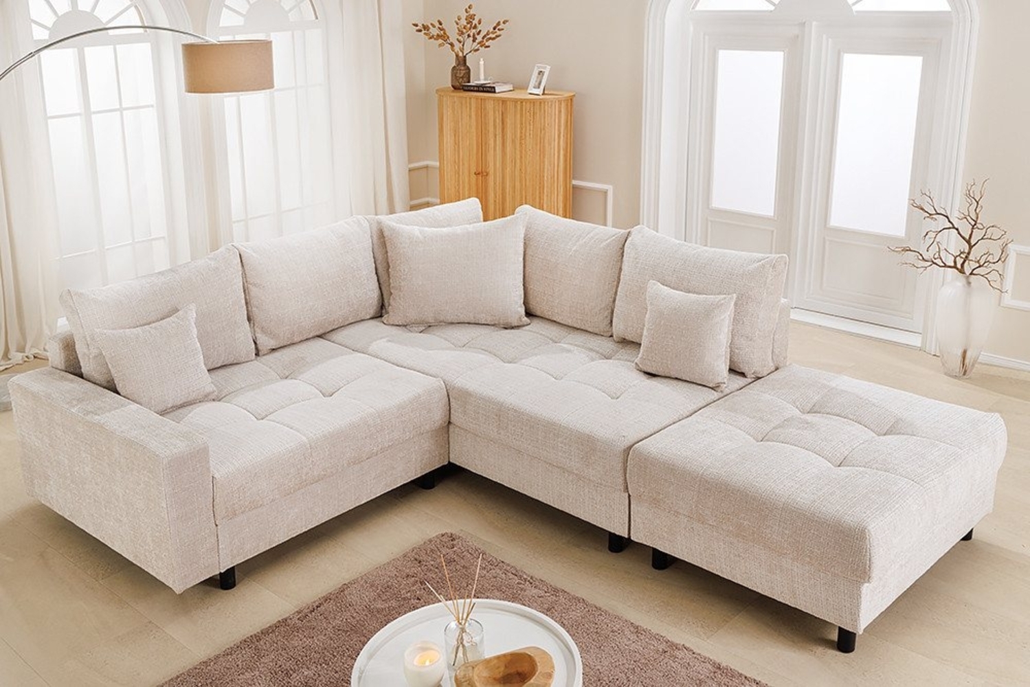 riess-ambiente Ecksofa KENT 220cm champagner beige · Couch mit Chenille-Bezug und Hocker, Set 2 Teile, Wohnlandschaft · Federkern · inkl. Kissen · L-Förmig · Modern Design Bild 1