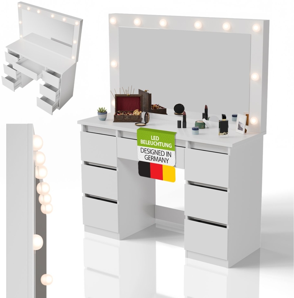 Juskys Schminktisch Lilia mit LED-Beleuchtung & Spiegel, 7 Schubladen, stufenlos dimmbar, 3 Farbtemperaturen, Stauraum, elegantes Design – Weiß Bild 1