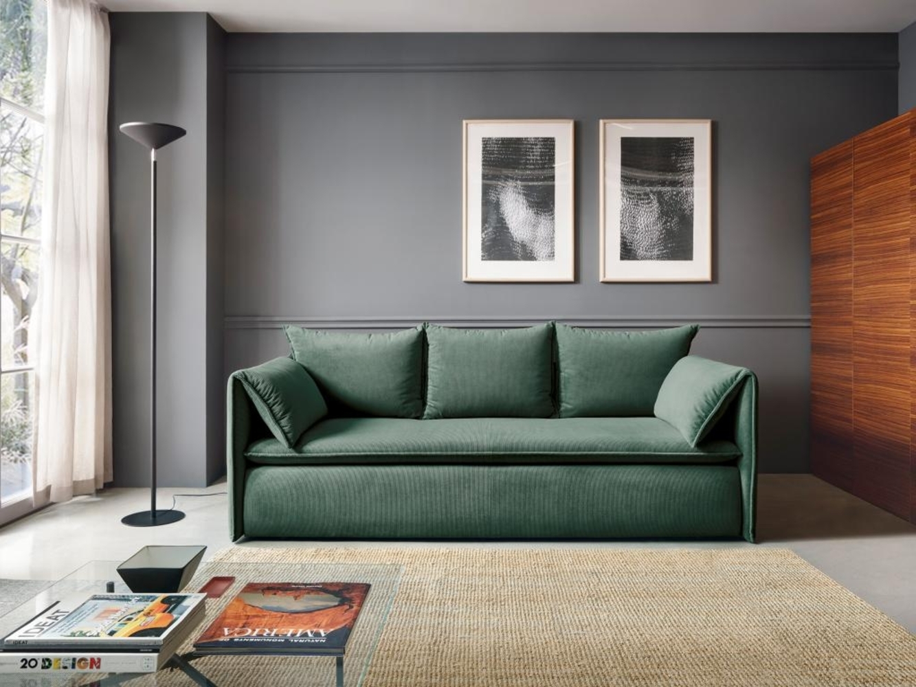 Vente-unique - Sofa 3-Sitzer - Mit Schlaffunktion - Feincord - Grün - TEODORA Bild 1
