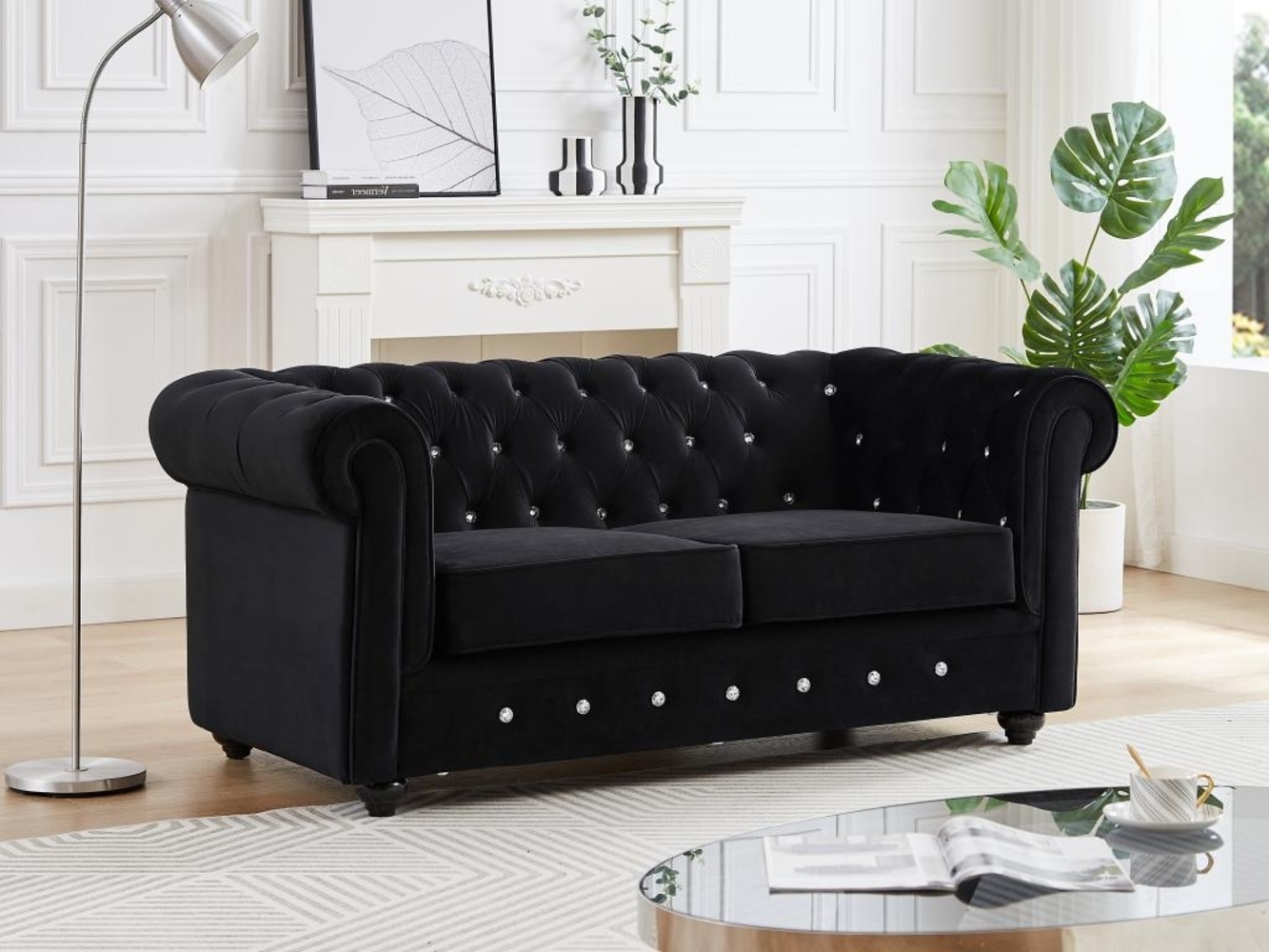 Vente-unique - Sofa 2-Sitzer - Samt - Schwarz mit Knöpfen in Kristall-Optik - CHESTERFIELD Bild 1