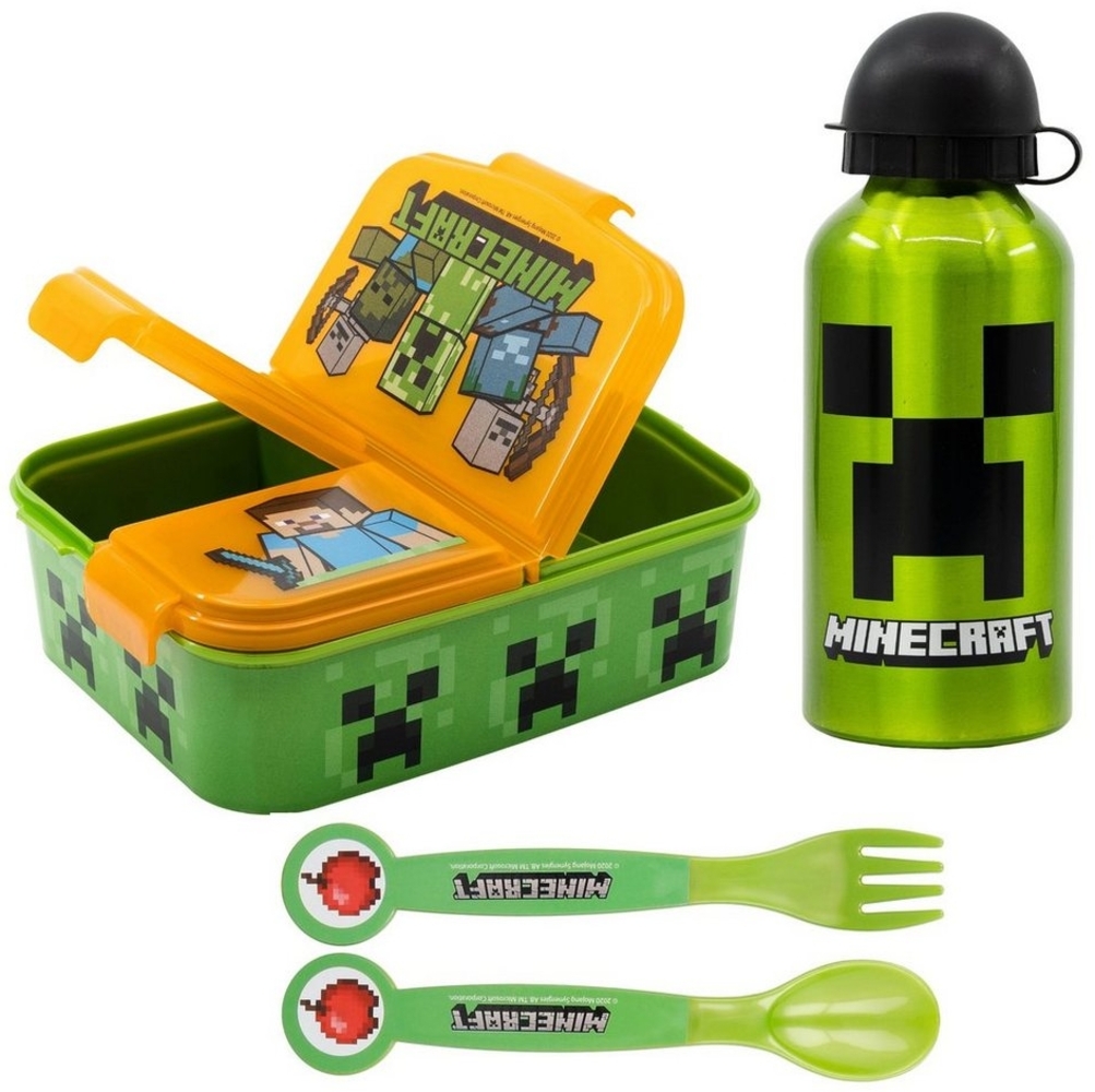 Minecraft Lunchbox Minecraft Creeper Kinder 4 tlg. Lunch Set, (4-tlg), 3 Kammern Brotdose Gabel Löffel Alu-Trinkflasche Bild 1