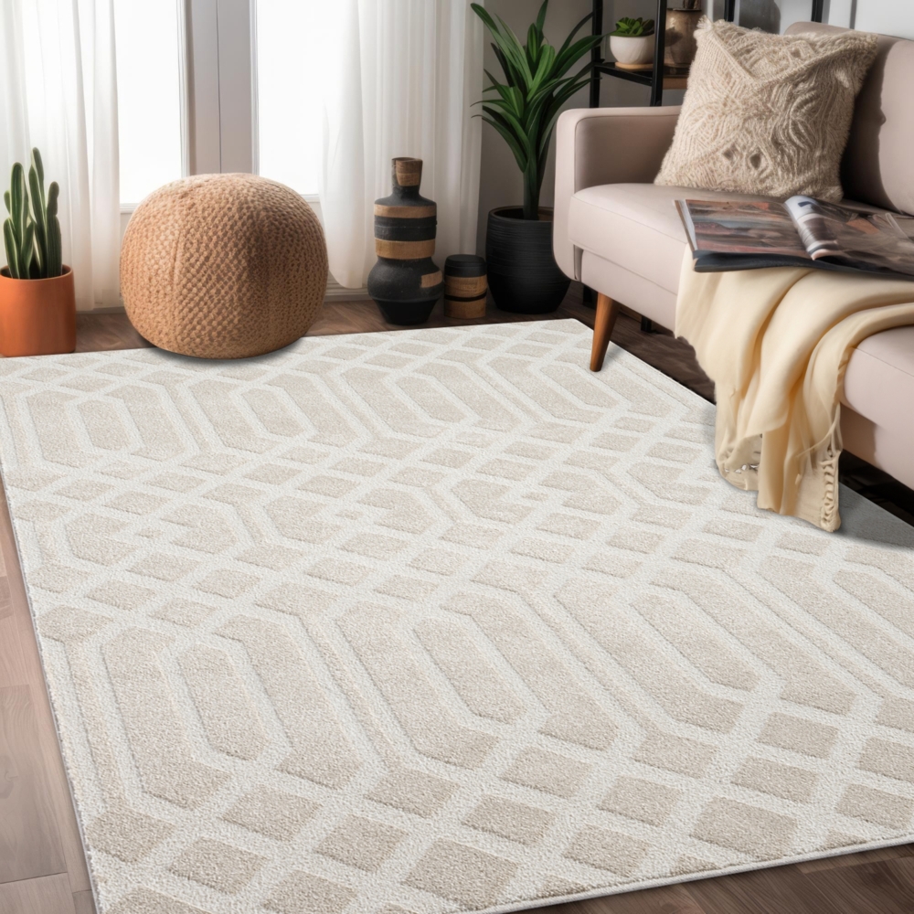 Teppich Wohnzimmer Kurzflor Beige 160x230cm Ornament Vintage mit Hoch-Tief-Effekt, 3D Effekt, Weich Bild 1