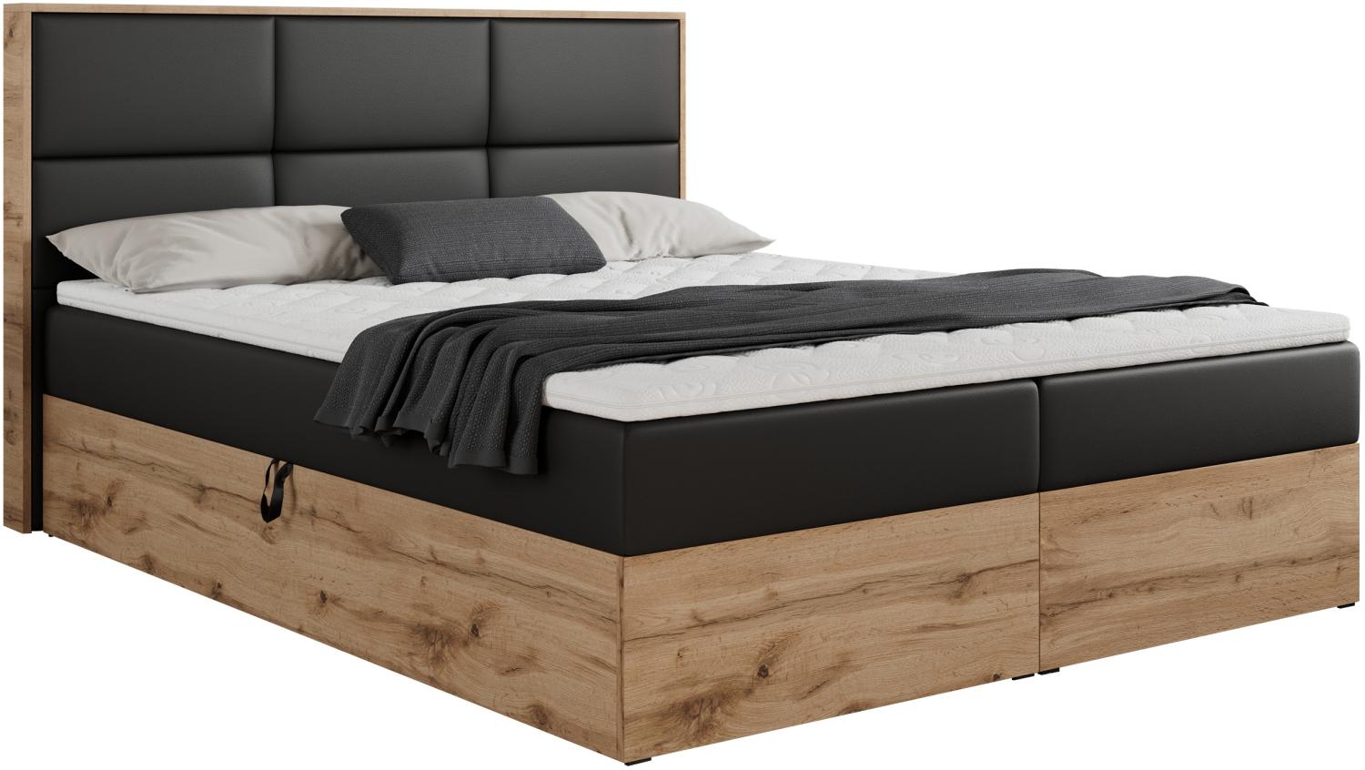 Boxspringbett mit Kopfteil und Topper, Polsterbett - ALBERO 2 - 140 x 200 cm - Schwarz Kunstleder - H3 Bild 1