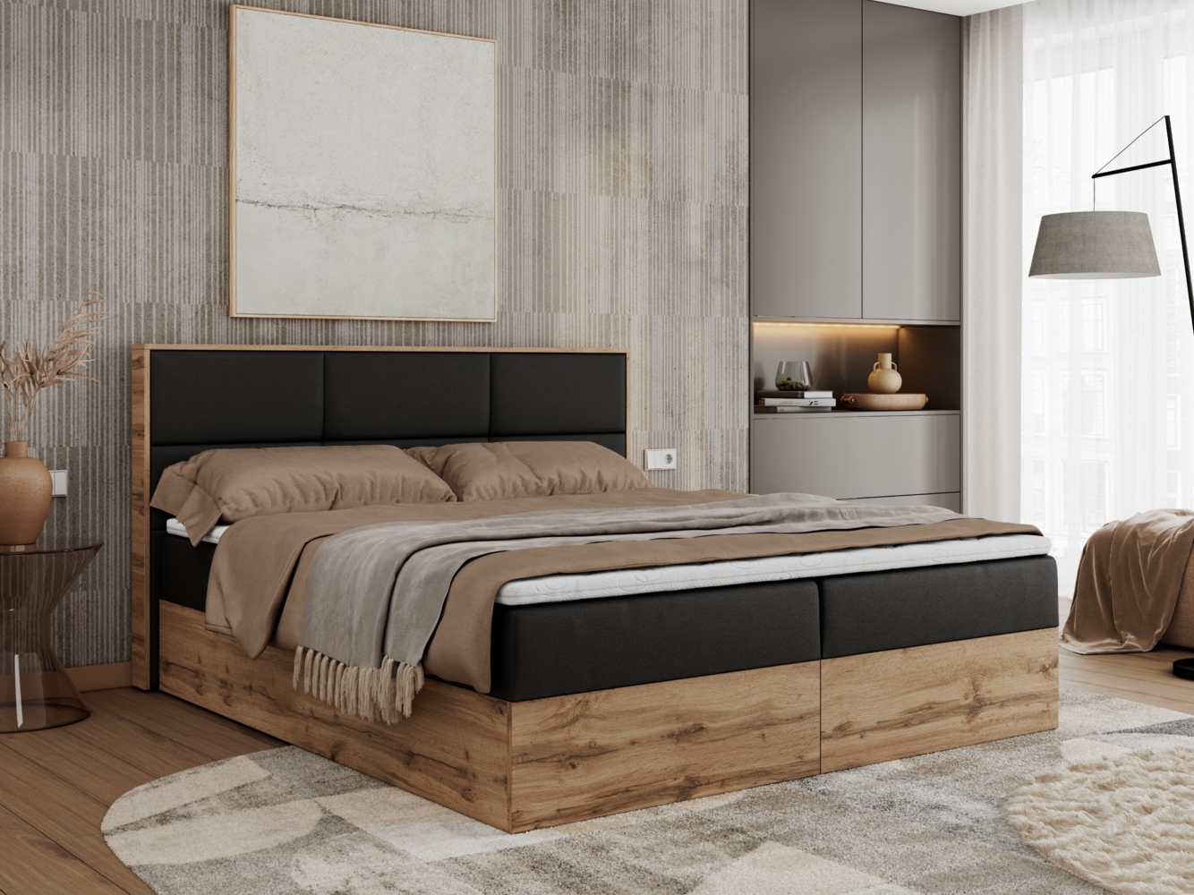 Boxspringbett mit Kopfteil und Topper, Polsterbett - ALBERO 2 - 140 x 200 cm - Schwarz Kunstleder - H3 Bild 1