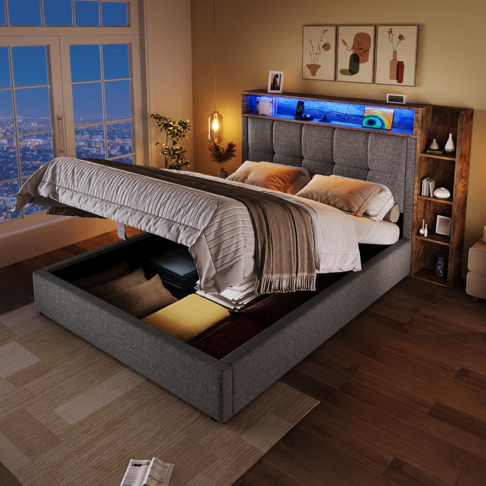 Merax Polsterbett, Einzelbett 90x200 cm, Mit USB Typ-C Ladefunktion, Multifunktionale Aufbewahrung, LED-Beleuchtung, Drucktaste/Appdienung, Leinen, Grau Bild 1