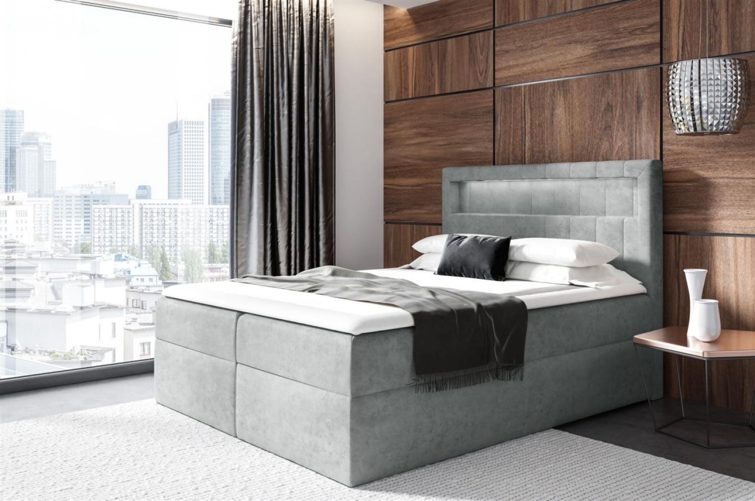 Boxspringbett Schlafzimmerbett STORM 160x200 cm Stoff Paros Grau inkl. LED Bild 1