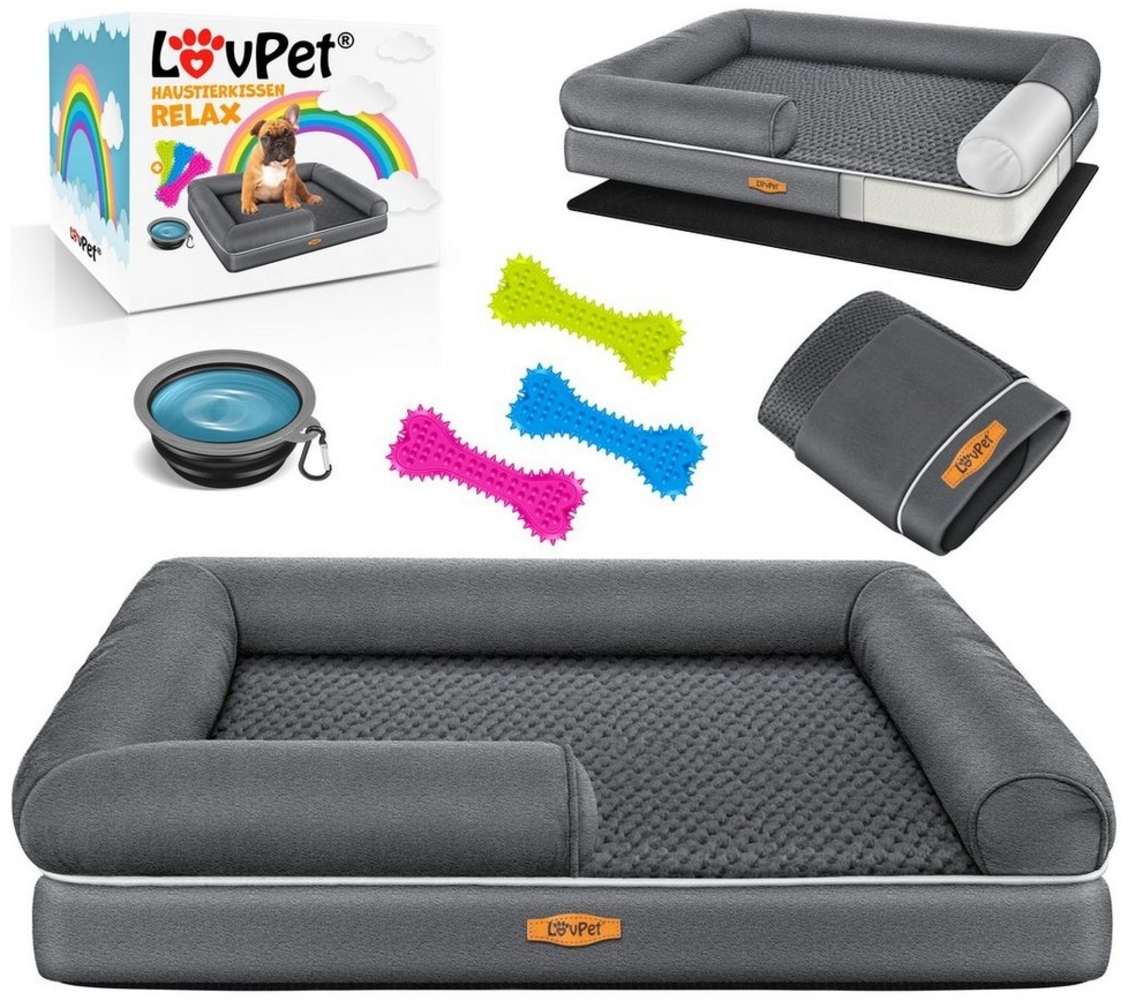 Lovpet® Orthopädisches Hundebett Hundekissen Hundekorb Relax, Inkl. Napf + 3X Kauknochen, Hundesofa für Kleine, Mittelgroße & Große Hunde, Bezug abnehmbar und waschbar, Anthrazit, M (91 x 71 x 25 cm) Bild 1