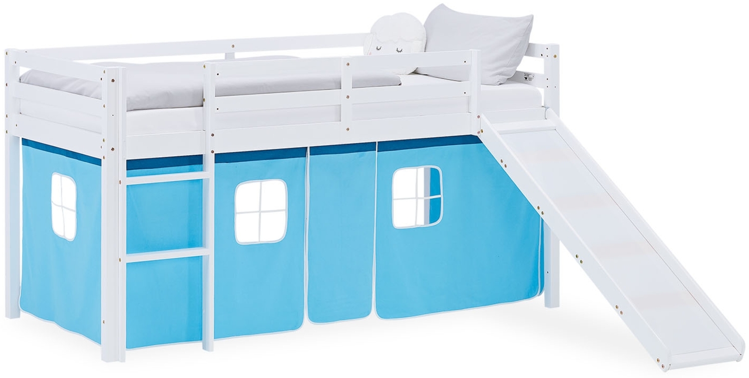 Hochbett Kinder 90x200 cm mit Rutsche Kinderbett Kinderhochbett Stockbett Vorhang Blau Leiter Holz Massiv Bild 1