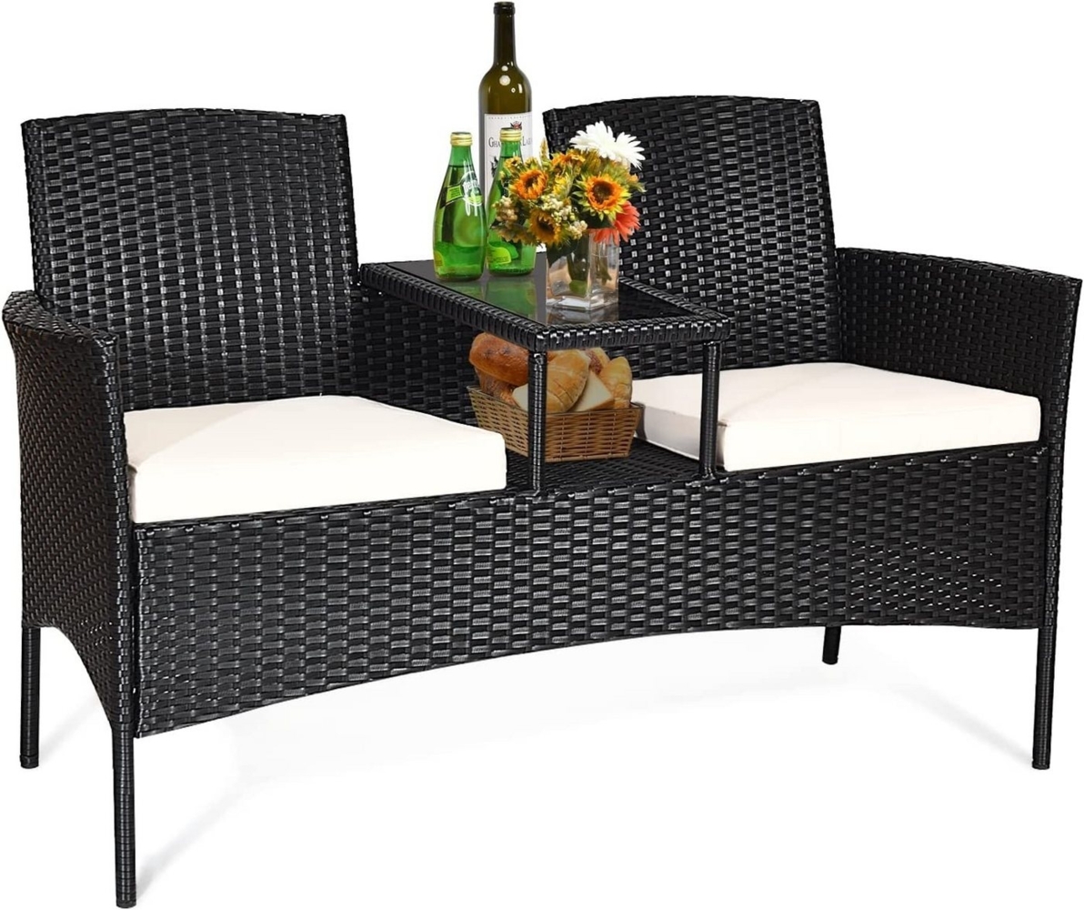 KOMFOTTEU Gartenbank mit Tisch (2 Sitzkissen), 2-Sitzer Bank mit Kissen & Rücklehne Bild 1