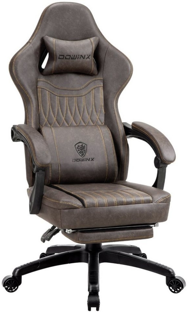 Dowinx Gaming-Stuhl Mit Federkissen, Massage-Lendenwirbelstütze Fußstütze, Rennspielsessel, Ergonomisches Design, PU-Leder, Braun Bild 1