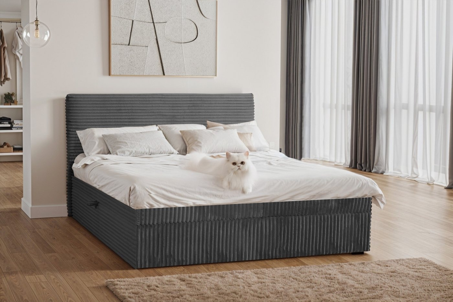 Kaiser Möbel Boxspringbett mit bettkasten und topper TRENTO, ohne Bein stoff Plüsch Cord, Matratze und Topper, Mehrere Größen, Viele Farben, Bettkasten Bild 1