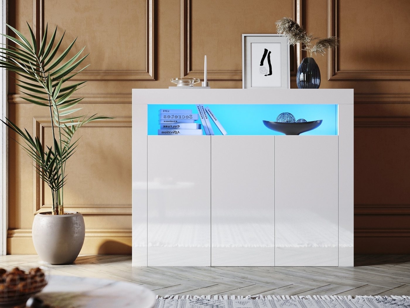 SONNI Kommode Kommode Weiss 116cm x 93cm x 35cm wohnzimmer mit LED, Kommodenschrank, Sideboard für Küche, Hochglanz Bild 1