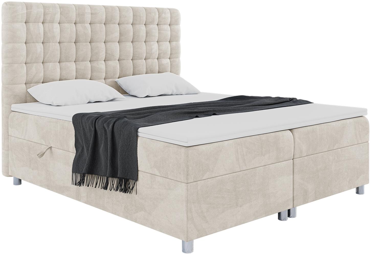 MEBLINI Boxspringbett ASTON 120x200 cm mit Bettkasten - H3/Creme Samt Polsterbett - Doppelbett mit Topper & Taschenfederkern-Matratze Bild 1