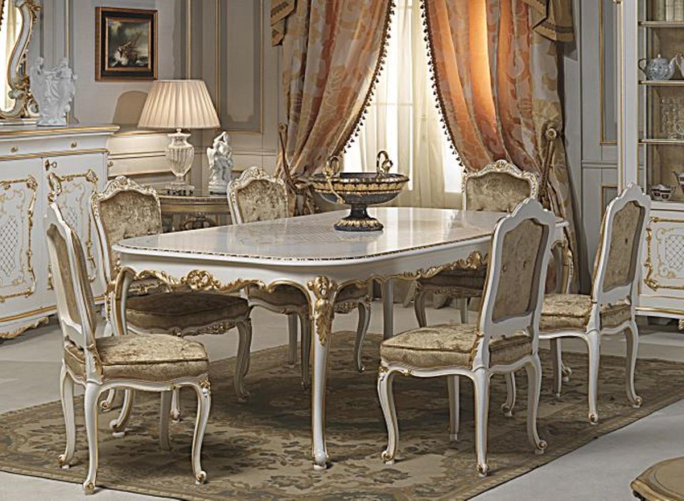 Casa Padrino Luxus Barock Esszimmer Set Weiß / Gold - 1 Esstisch & 6 Esszimmerstühle - Esszimmer Möbel im Barockstil - Hotel Restaurant Schloss Möbel - Luxus Qualität - Made in Italy Bild 1