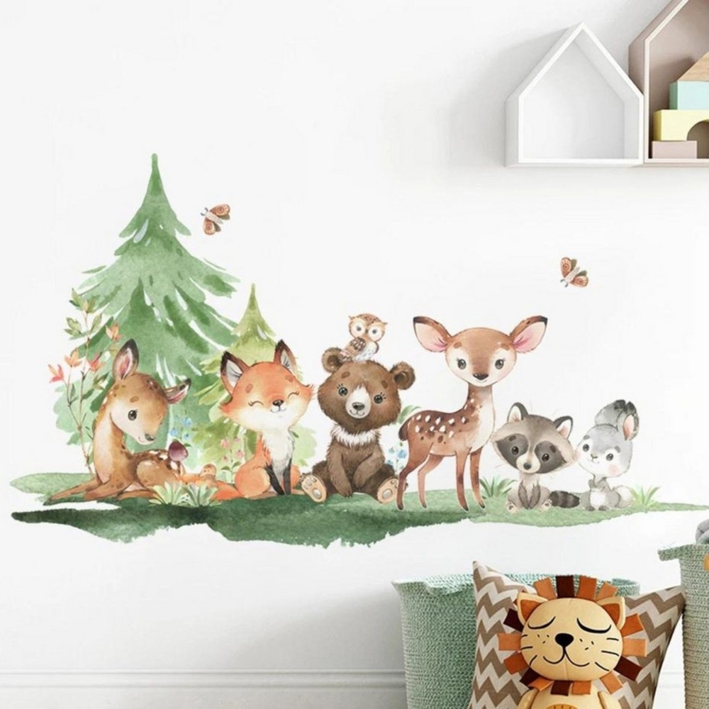 Montegoni Wandsticker Kinder Tier Wandaufkleber Dekoration 3176A (Wandtattoo mit Waldtieren für Kinderzimmer, Braunbär Hirsch Hase Tier mit Baum, Wandaufkleber), wasserdichte,abnehmbare Bild 1