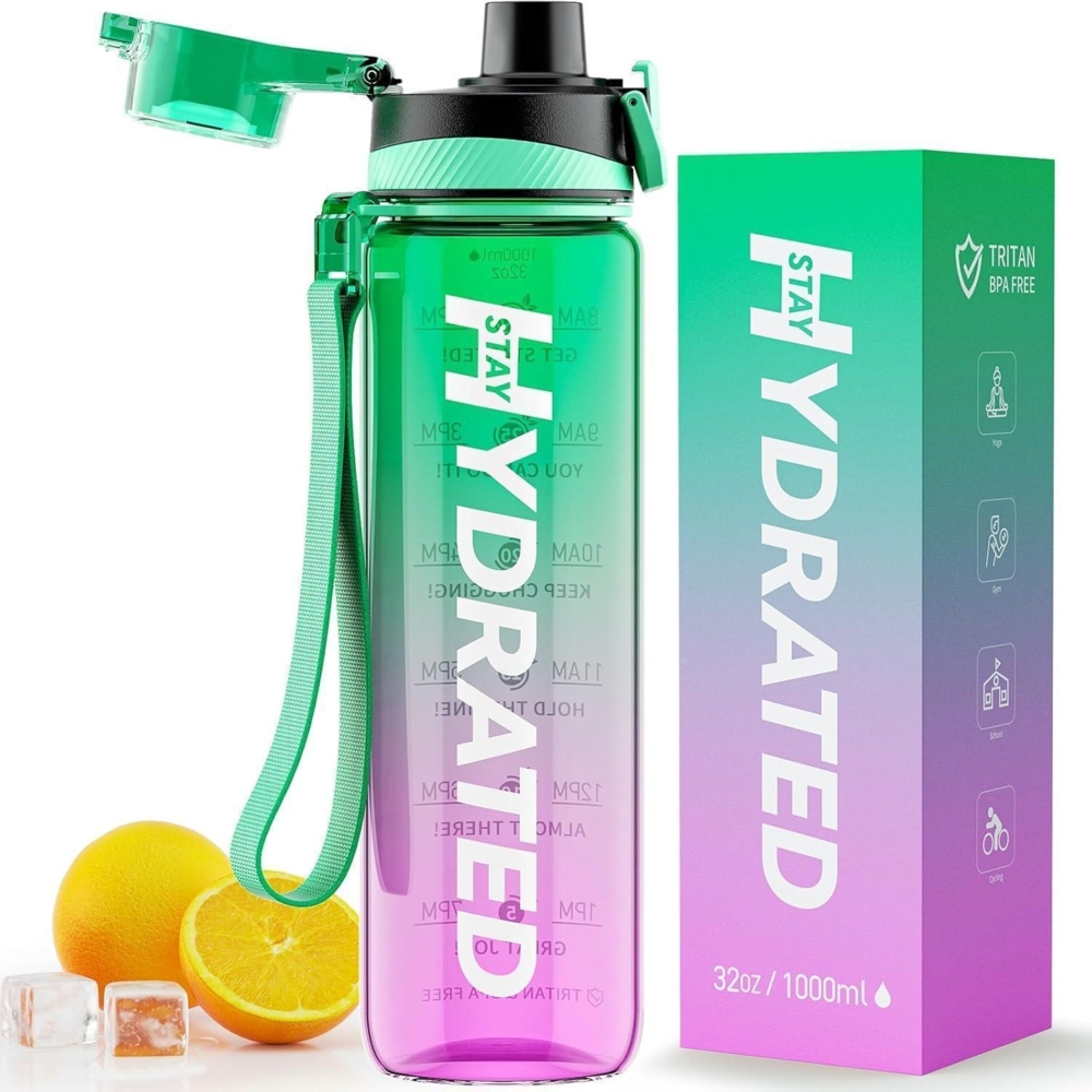 Trinkflasche 1L BPA-frei Auslaufsicher Tritan Sport Zeitmarkierung Violett Bild 1