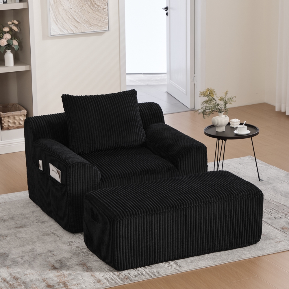 LVHOM Relaxsessel mit Hocker, Bodensofa mit Seitentaschen und Kissen, 1-Sitzer Sofasessel, Einzelsofa, für Wohnzimmer, Schlafzimmer und Studie, Schwarz Bild 1