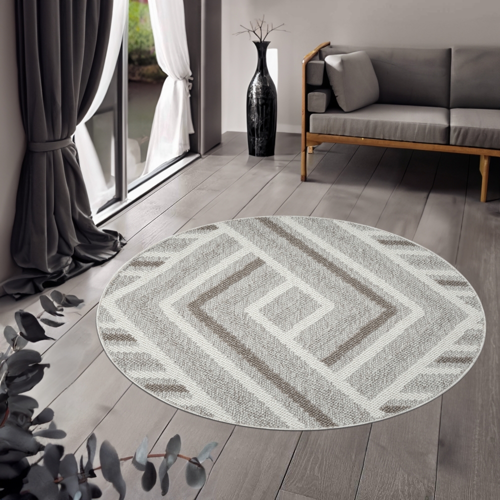 Teppich Rund - 200x200cm - Beige Braun Grau - Boho-Style - Modern Geo Muster - Flachflor Wohnteppich Schlafzimmer Deko Bild 1