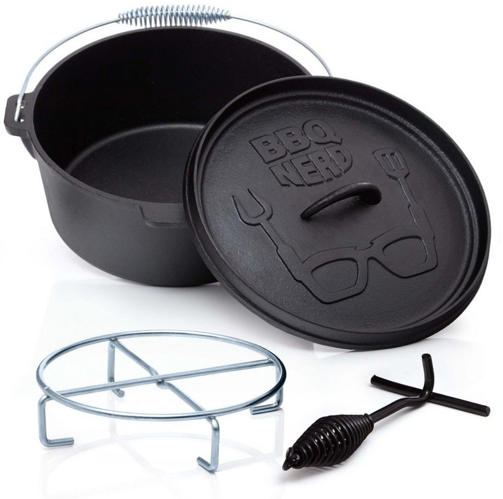 BBQ Nerd Feuertopf Starter mit Ständer, Gusseisen (Dutch Oven Bräter mit Deckel inkl. Deckelheber , bereits eingebrannt - preseasoned, 3,1L / 5,5L 7,2L / 10,7L), Feuerfester Grill & Camping Kochtopf, Grilltopf Bild 1