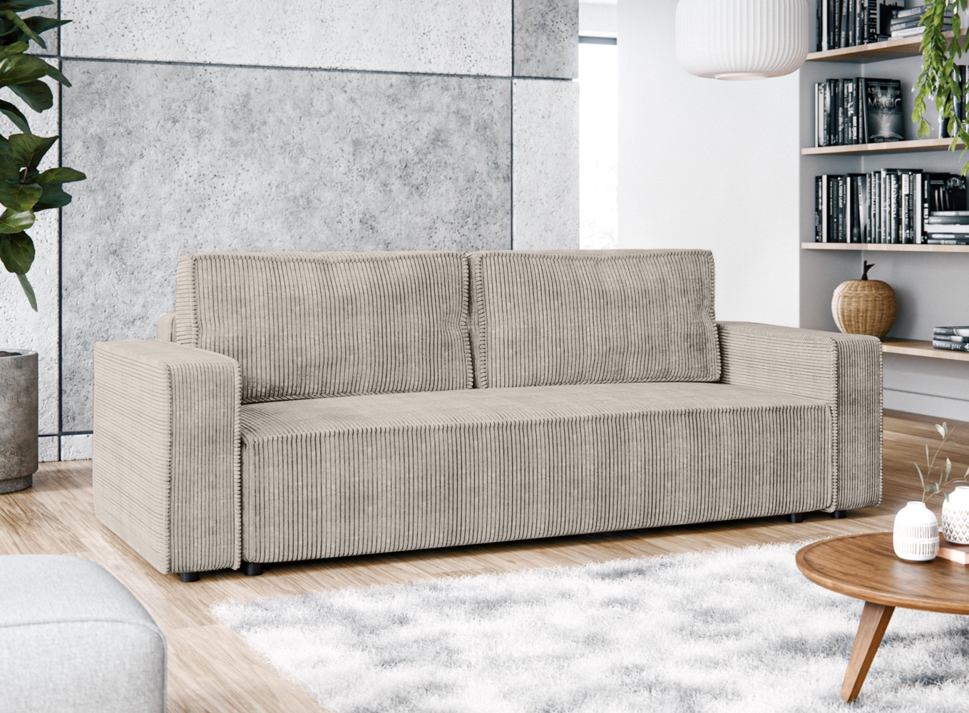 AX LIVING Aydin Cord Sofa 3 Sitzer Sofa mit Schlaffunktion Beige 238cm Bild 1