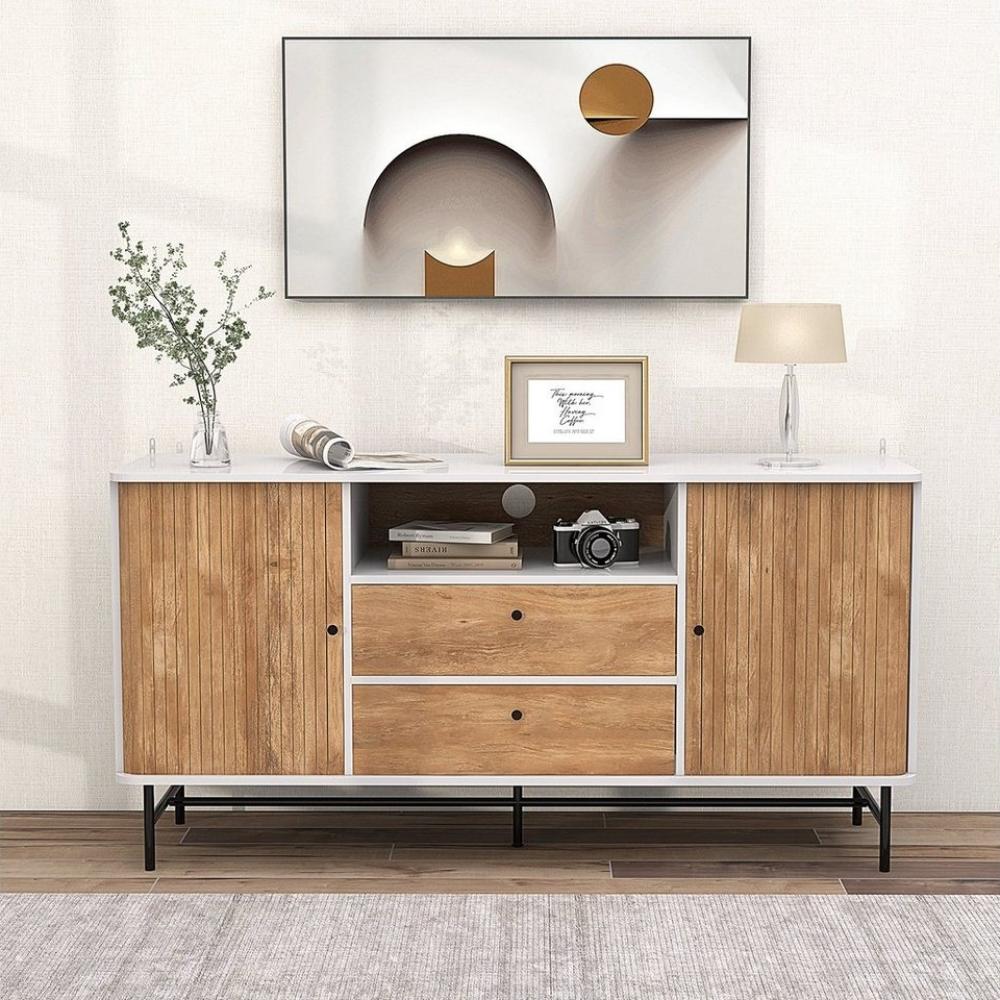 COSTWAY Sideboard, Holz, TV Schrank mit Schiebetüren & Schubladen 150x45x74cm Bild 1