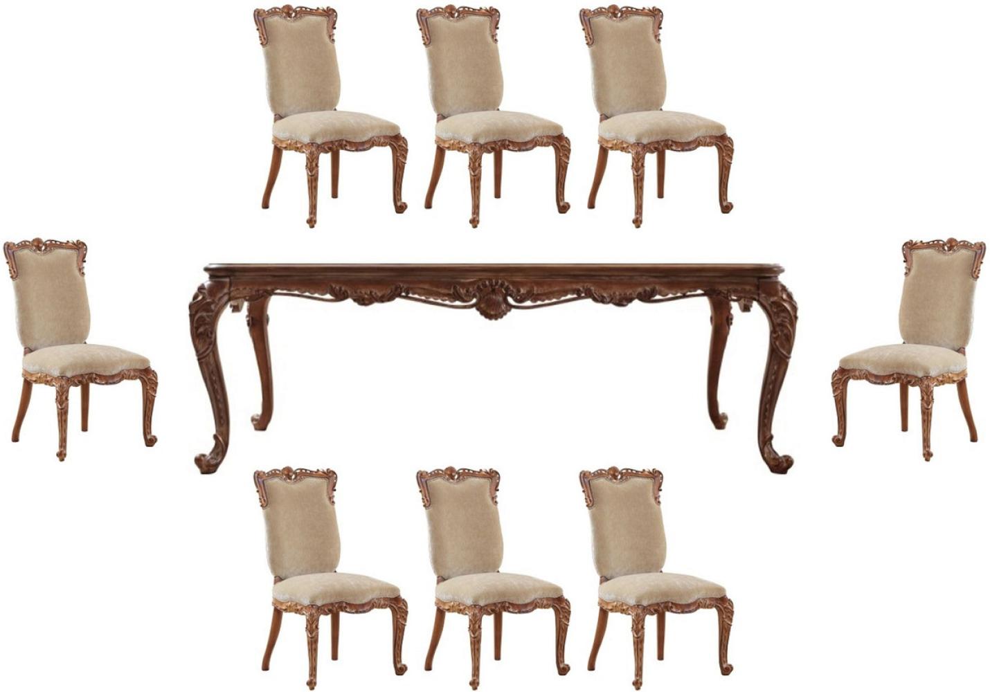 Casa Padrino Luxus Barock Esszimmer Set Beige / Braun - 1 Barock Esstisch & 8 Barock Esszimmerstühle - Prunkvolle Esszimmer Möbel im Barockstil Bild 1