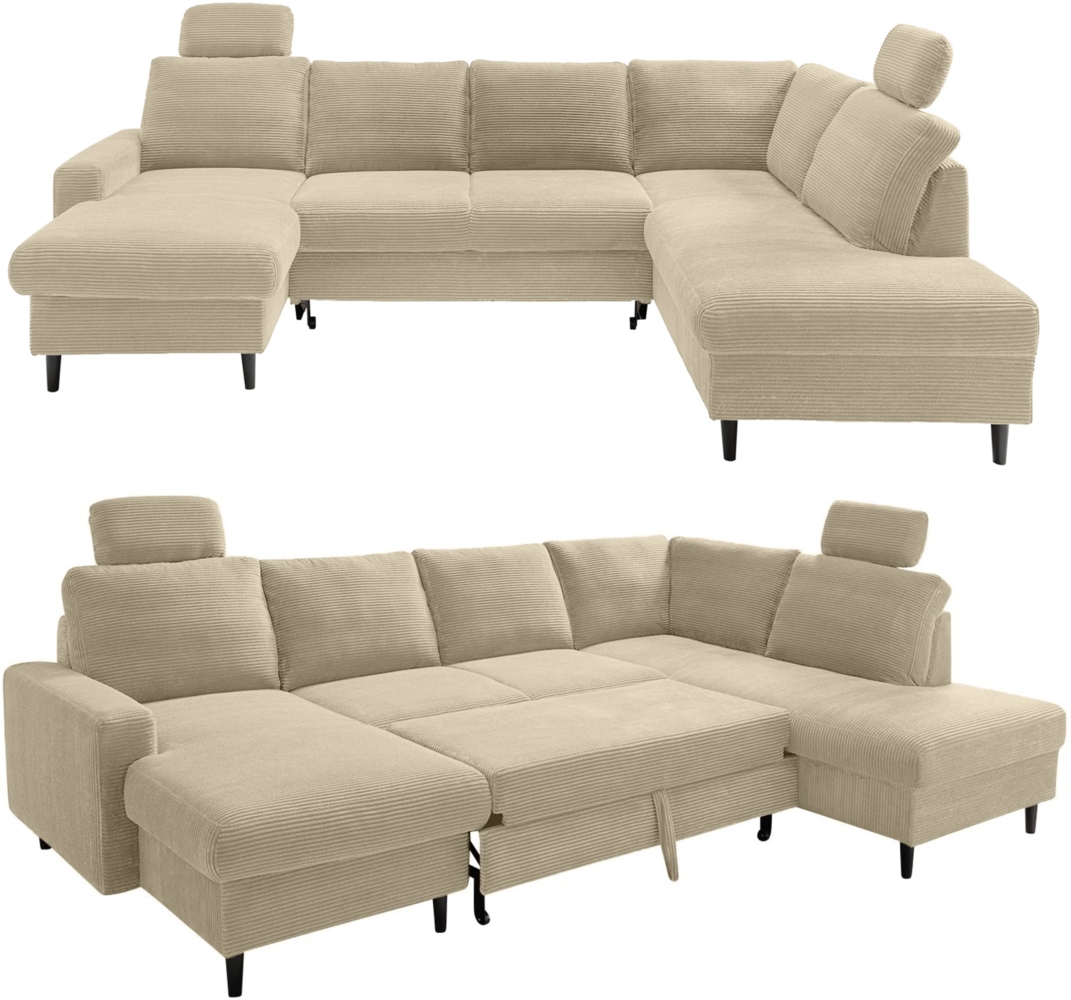 WOHNLANDSCHAFT mit Schlaffunktion Bettkasten Wellenunterfederung, 2 Kopfstützen, U-Form B305/T200/H88 cm, Cord Beige Grau Bild 1