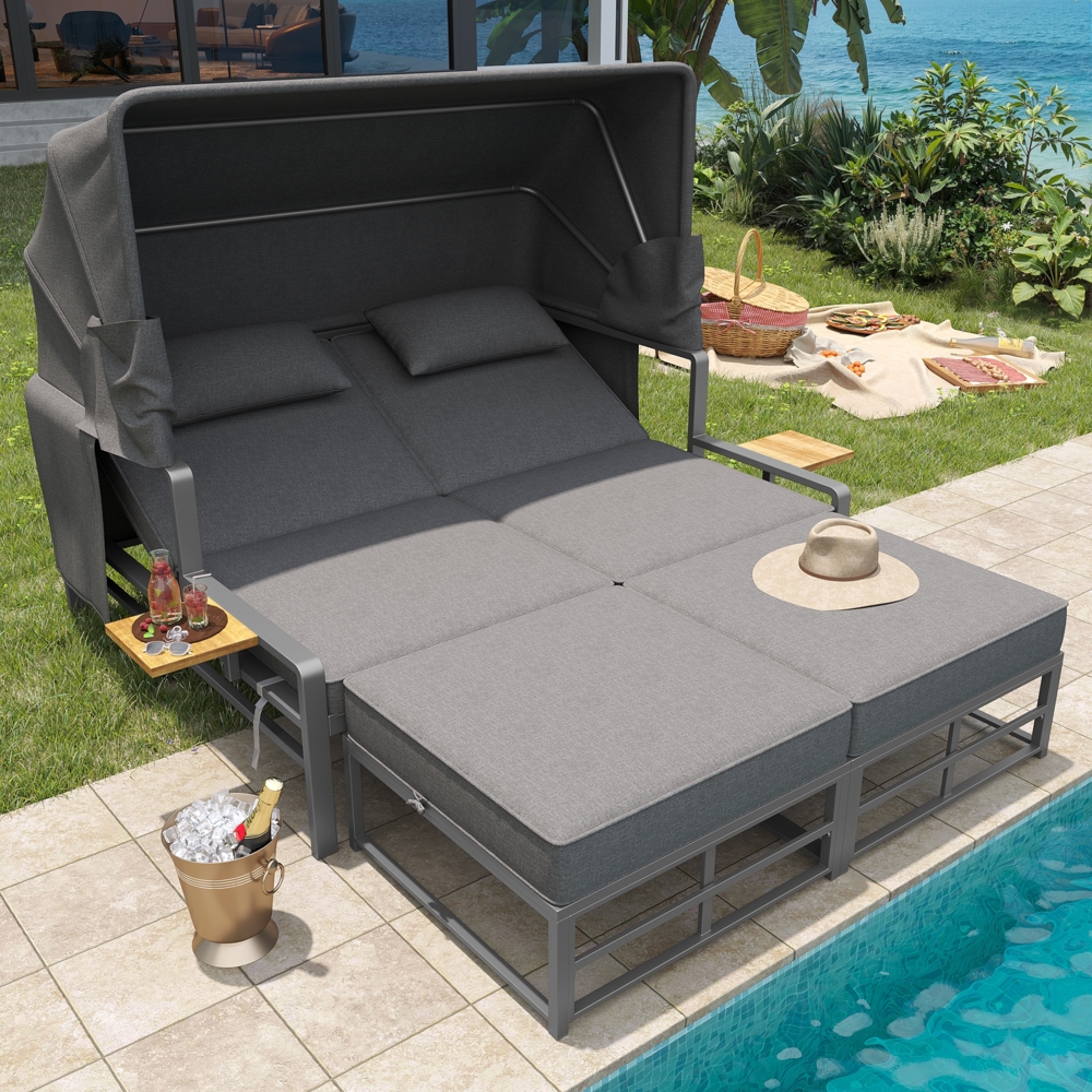 Merax Gartenlounge-Set für 2-4 Personen, Sonnenliege Set, Gartenliege 2 Personen mit faltbarem Sonnendach, Sofa-Set für draußen, Essgruppe für Terrasse Balkon Garten Indoor Outdoor, grau Bild 1