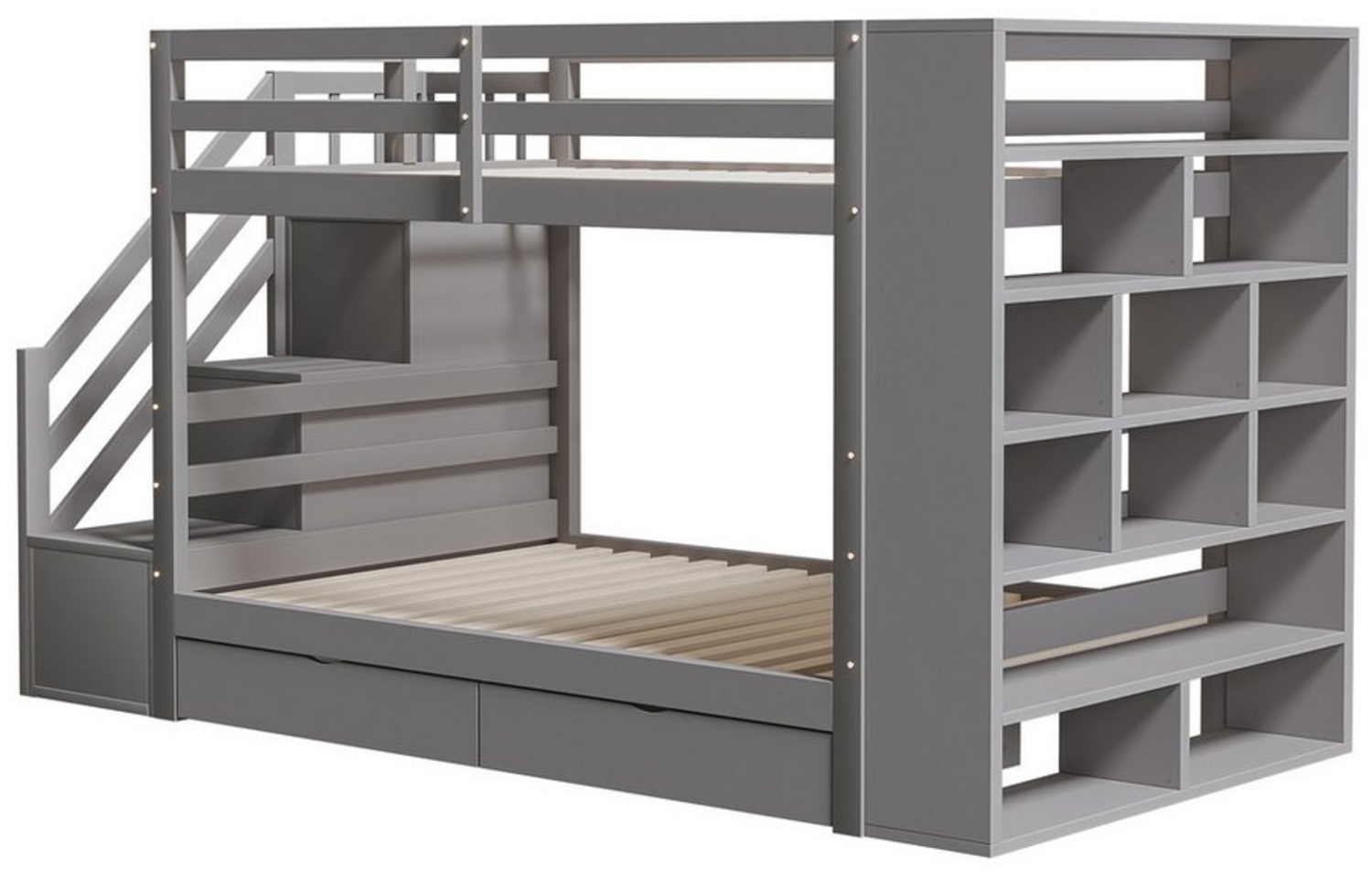 Flieks Etagenbett, Kinderbett 90x200cm mit 2 Schubladen, Seitschrank, Stauraumtreppe Bild 1